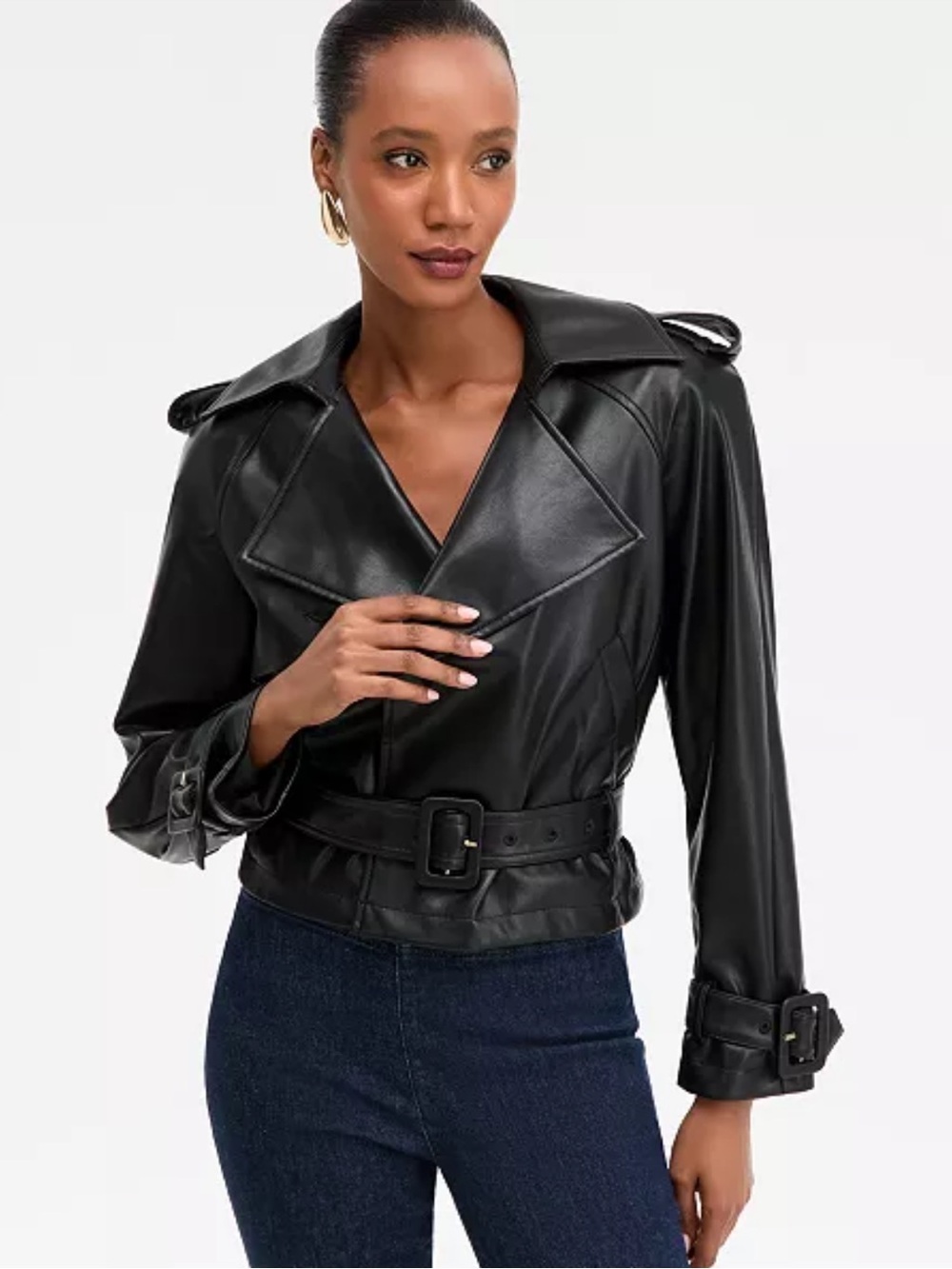 INC International Concepts Black Faux Leather Belted Trench Jacket